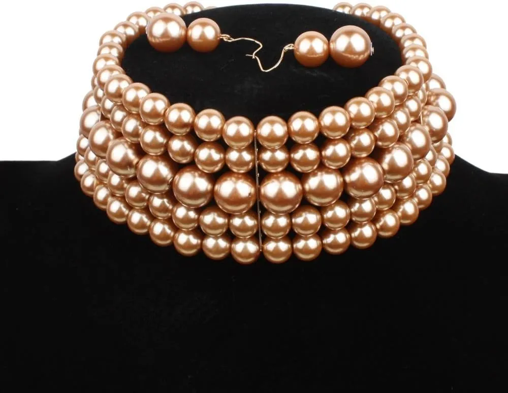 COLORFUL BLING 5 Rows Elegant Simulated Pearl Strand Choker Necklace With Earrings Set Women Ladies Statement Jewelry