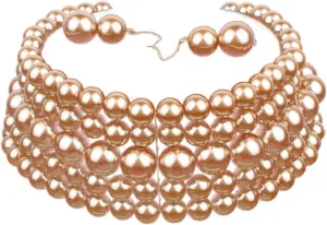 COLORFUL BLING 5 Rows Elegant Simulated Pearl Strand Choker Necklace With Earrings Set Women Ladies Statement Jewelry