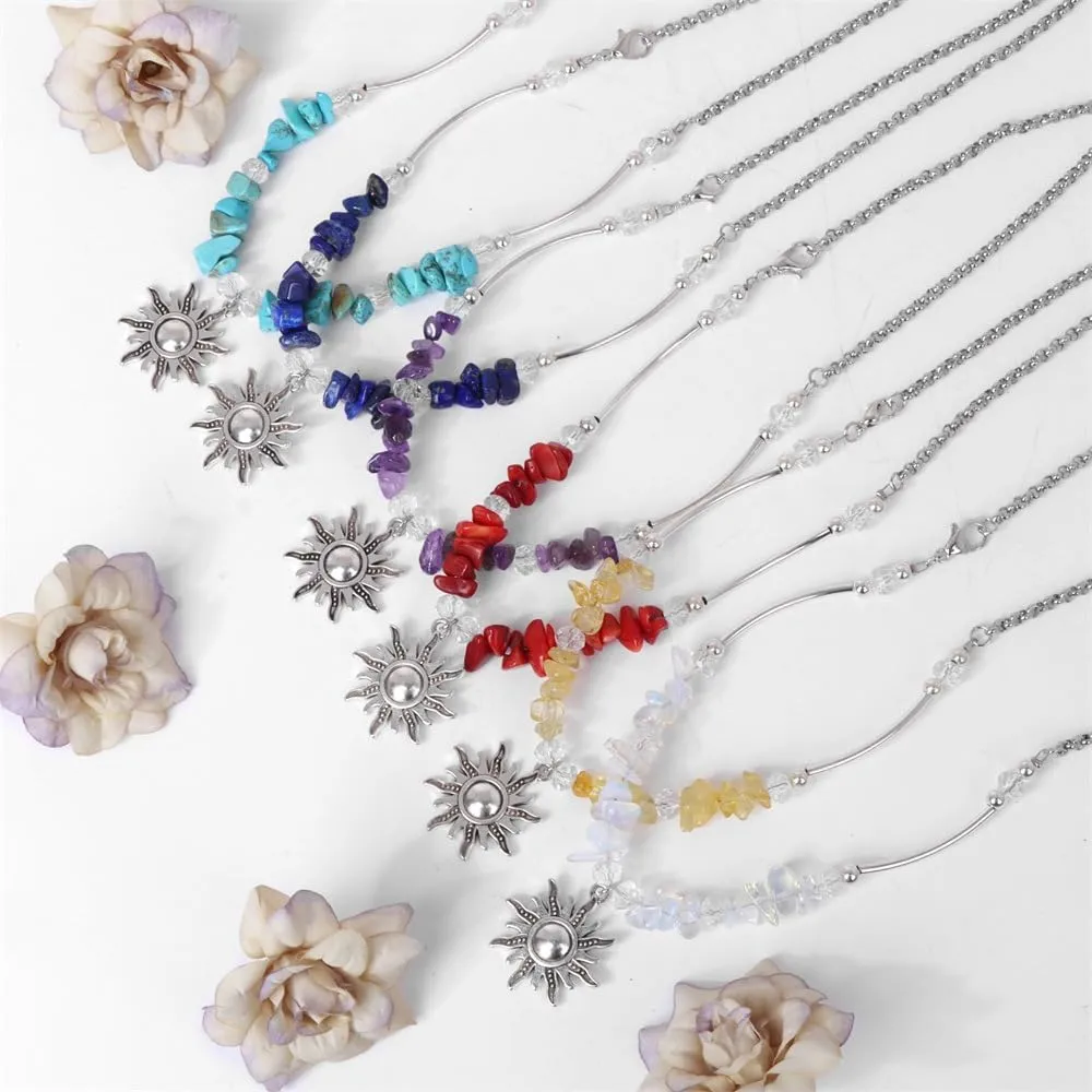 COLORFUL BLING Gothic Boho Sun Choker Necklace Natural Stone Healing Crystal Tassel Star Necklace for Women Minimalist Jewelry