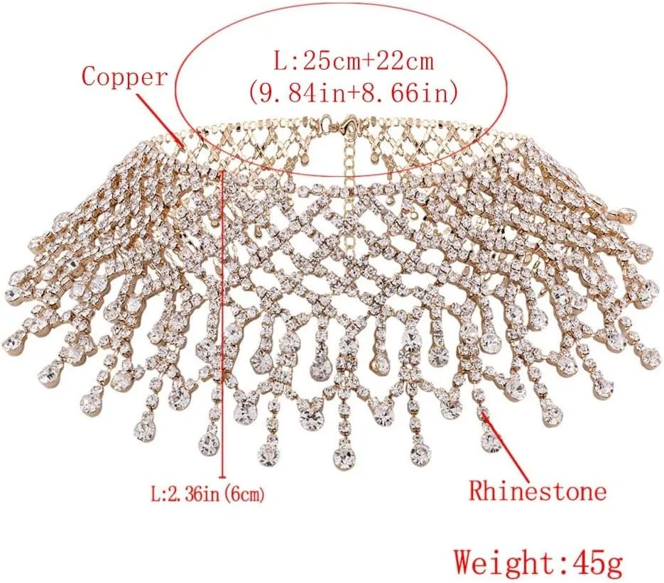 COLORFUL BLING Luxury Rhinestone Full Crystal Tassel Choker Necklace for Women Party Wedding Bridal Bridesmaid Costume Neck Jewelry Accessories