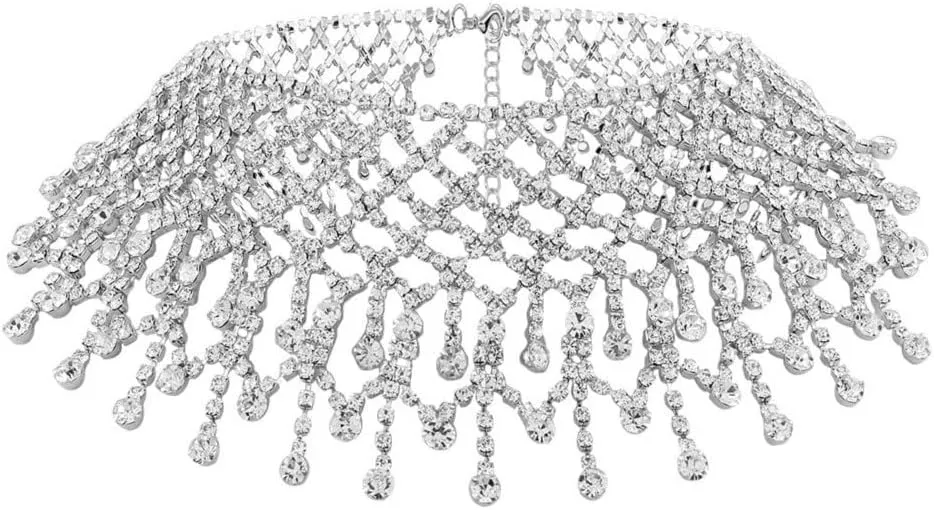 COLORFUL BLING Luxury Rhinestone Full Crystal Tassel Choker Necklace for Women Party Wedding Bridal Bridesmaid Costume Neck Jewelry Accessories