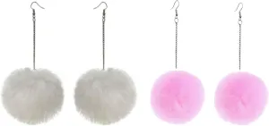 Colorful Faux Fur Fluffy Ball Earrings - Handmade Soft Plush Pom Pom Dangle Drop Earring for Women Winter Jewelry
