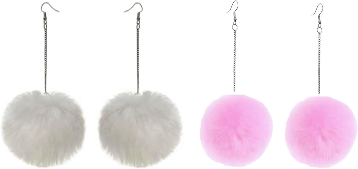 Colorful Faux Fur Fluffy Ball Earrings - Handmade Soft Plush Pom Pom Dangle Drop Earring for Women Winter Jewelry