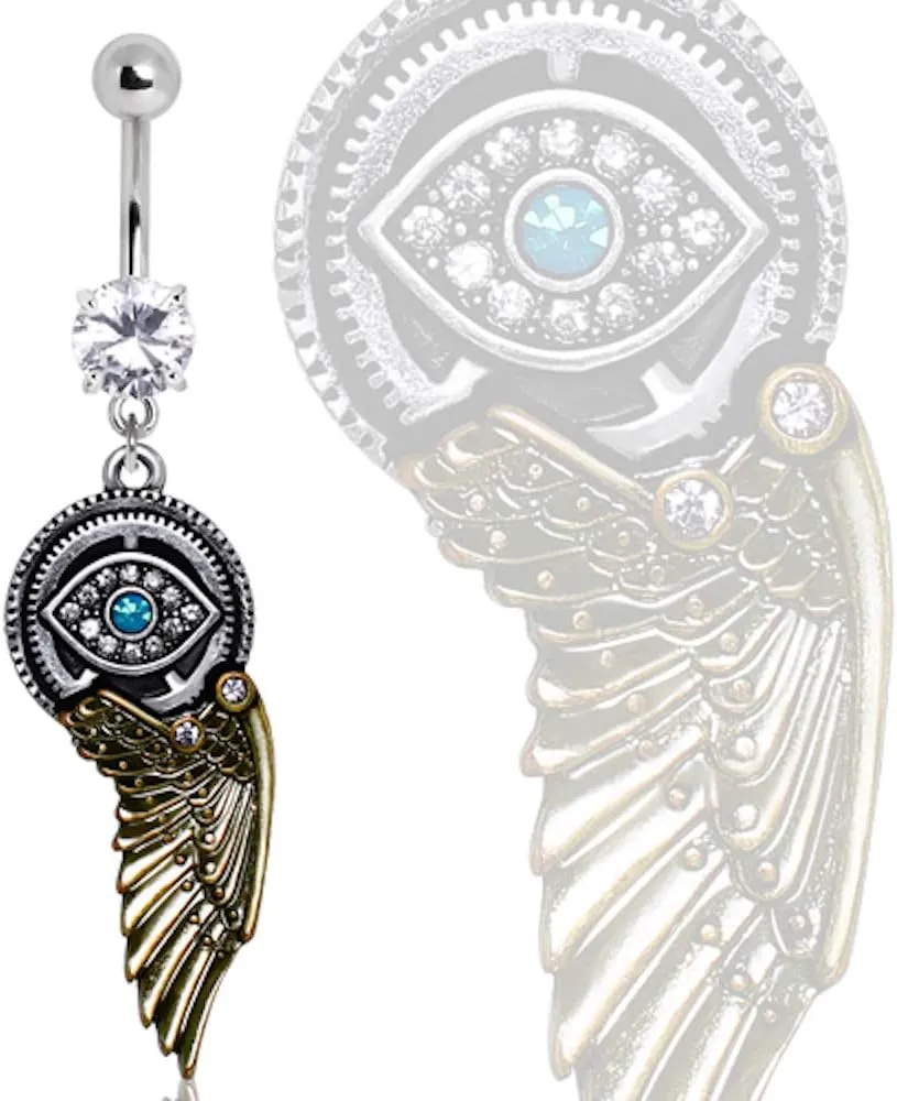 Covet Jewelry 316L Gemmed Steampunk All Seeing Eye Navel Ring with Mechanical Wing Dangle