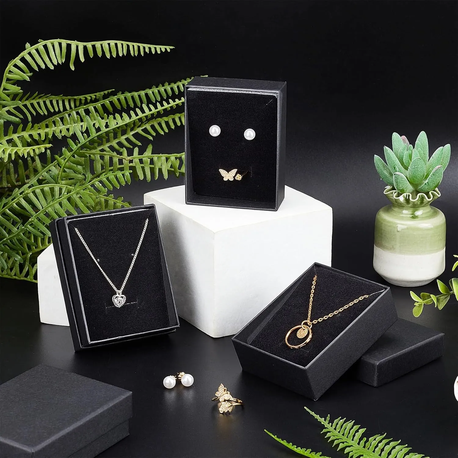 Craftdady 12pcs Black Necklace Jewelry Boxes 3.5 x 2.7 x 1 Inch Small Gift Boxes Kraft Cotton Filled Rectangle Earring Ring Paper Boxes for Pendants Bracelet Jewelry Display