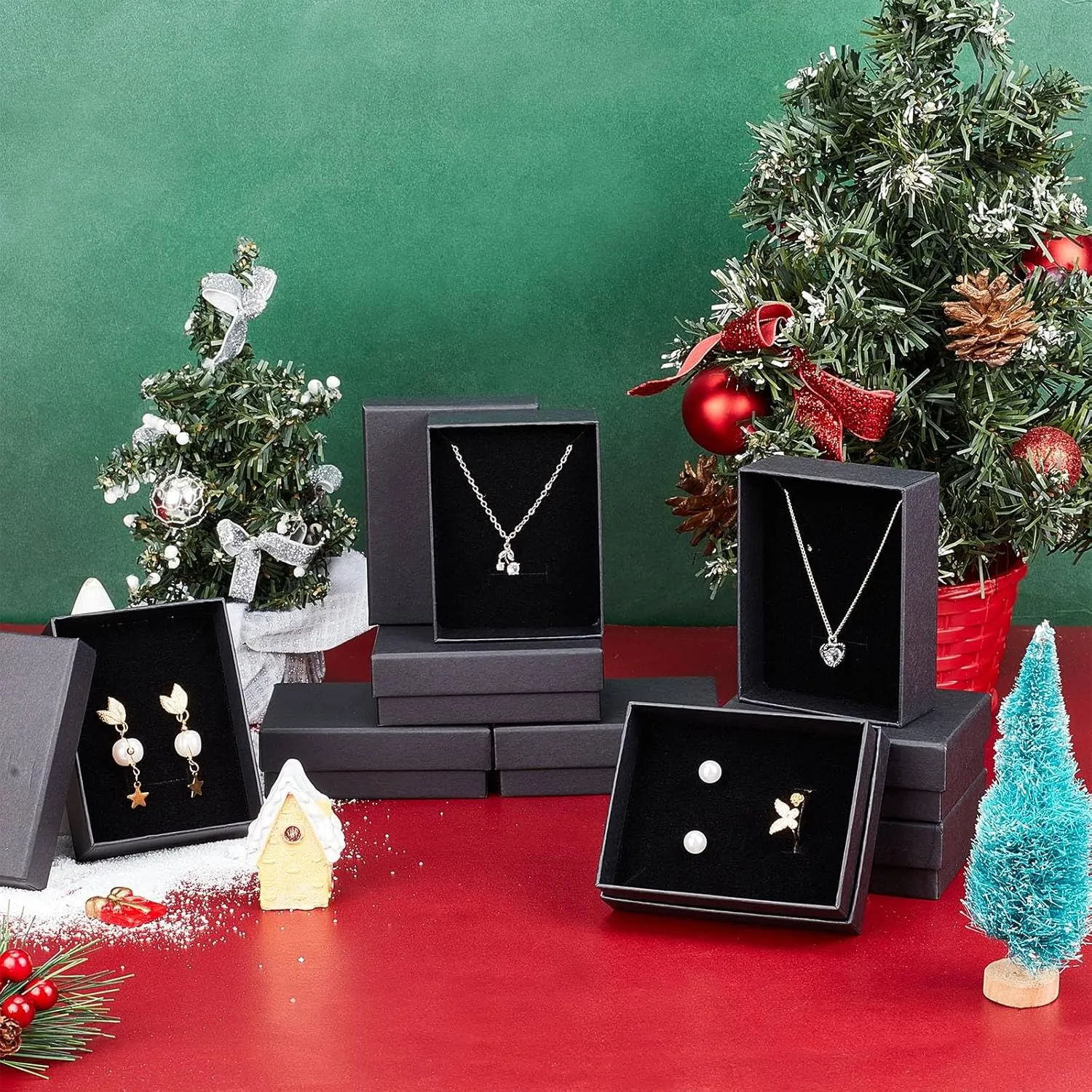 Craftdady 12pcs Black Necklace Jewelry Boxes 3.5 x 2.7 x 1 Inch Small Gift Boxes Kraft Cotton Filled Rectangle Earring Ring Paper Boxes for Pendants Bracelet Jewelry Display