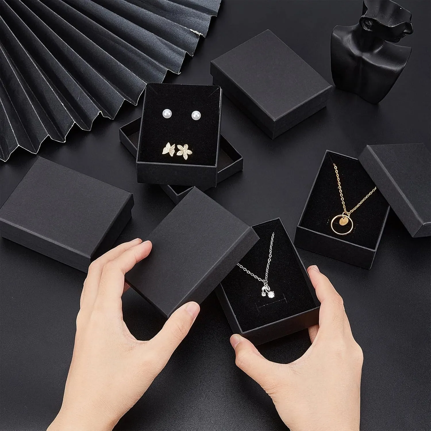Craftdady 12pcs Black Necklace Jewelry Boxes 3.5 x 2.7 x 1 Inch Small Gift Boxes Kraft Cotton Filled Rectangle Earring Ring Paper Boxes for Pendants Bracelet Jewelry Display