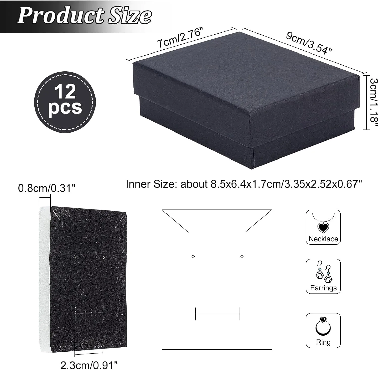 Craftdady 12pcs Black Necklace Jewelry Boxes 3.5 x 2.7 x 1 Inch Small Gift Boxes Kraft Cotton Filled Rectangle Earring Ring Paper Boxes for Pendants Bracelet Jewelry Display