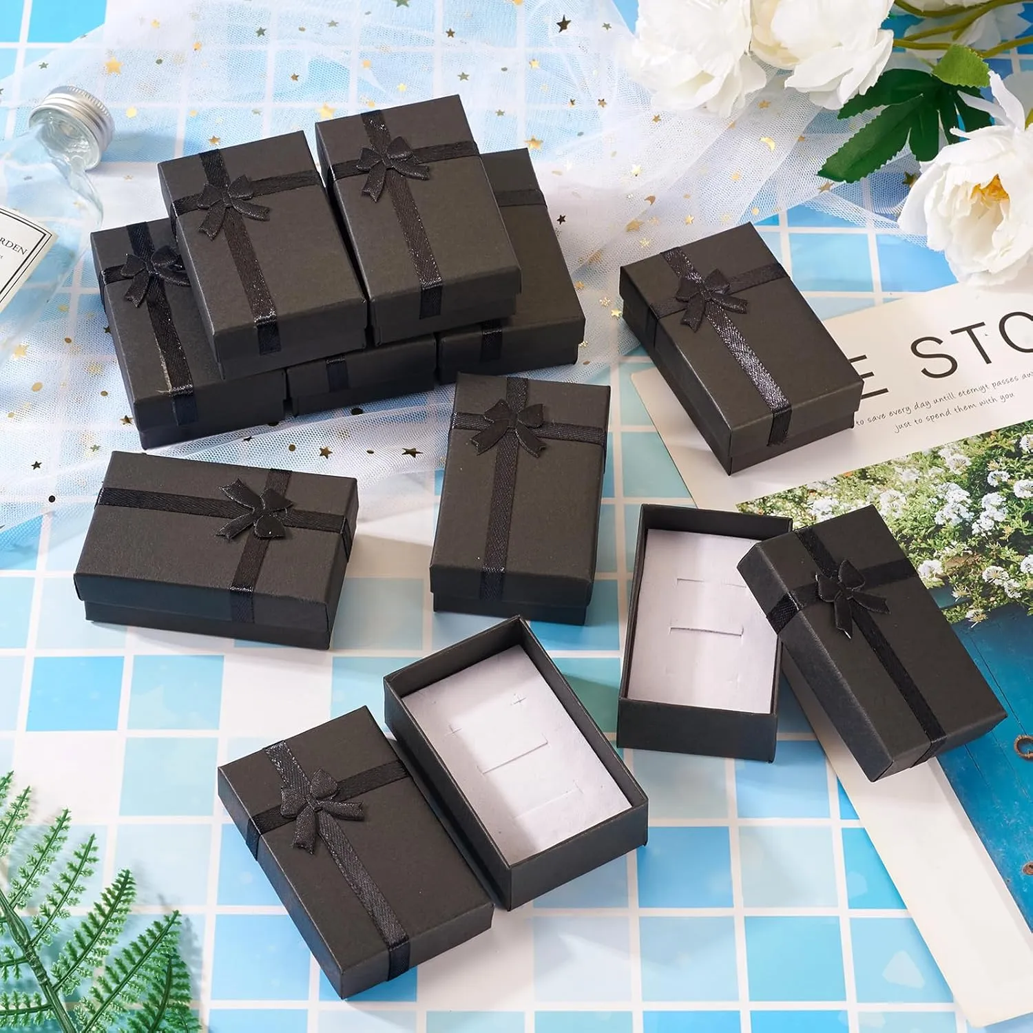 Craftdady 12pcs Jewelry Gift Boxes Black Necklace Earring Ring Pendants Empty Jewelry Boxes Small Paper Gift Boxes With Lids Bowknot for Christmas Jewelry Display Holder Organizer