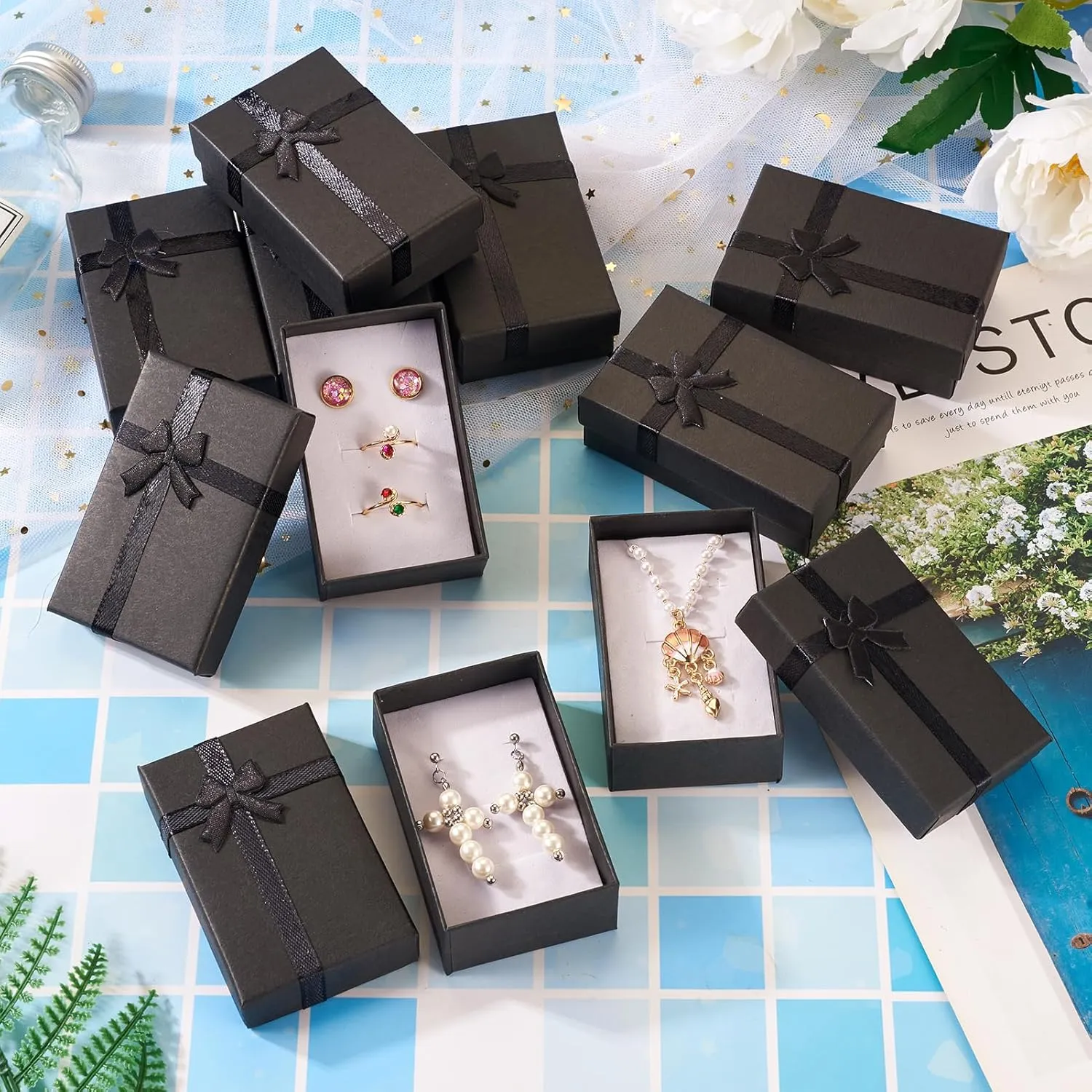 Craftdady 12pcs Jewelry Gift Boxes Black Necklace Earring Ring Pendants Empty Jewelry Boxes Small Paper Gift Boxes With Lids Bowknot for Christmas Jewelry Display Holder Organizer