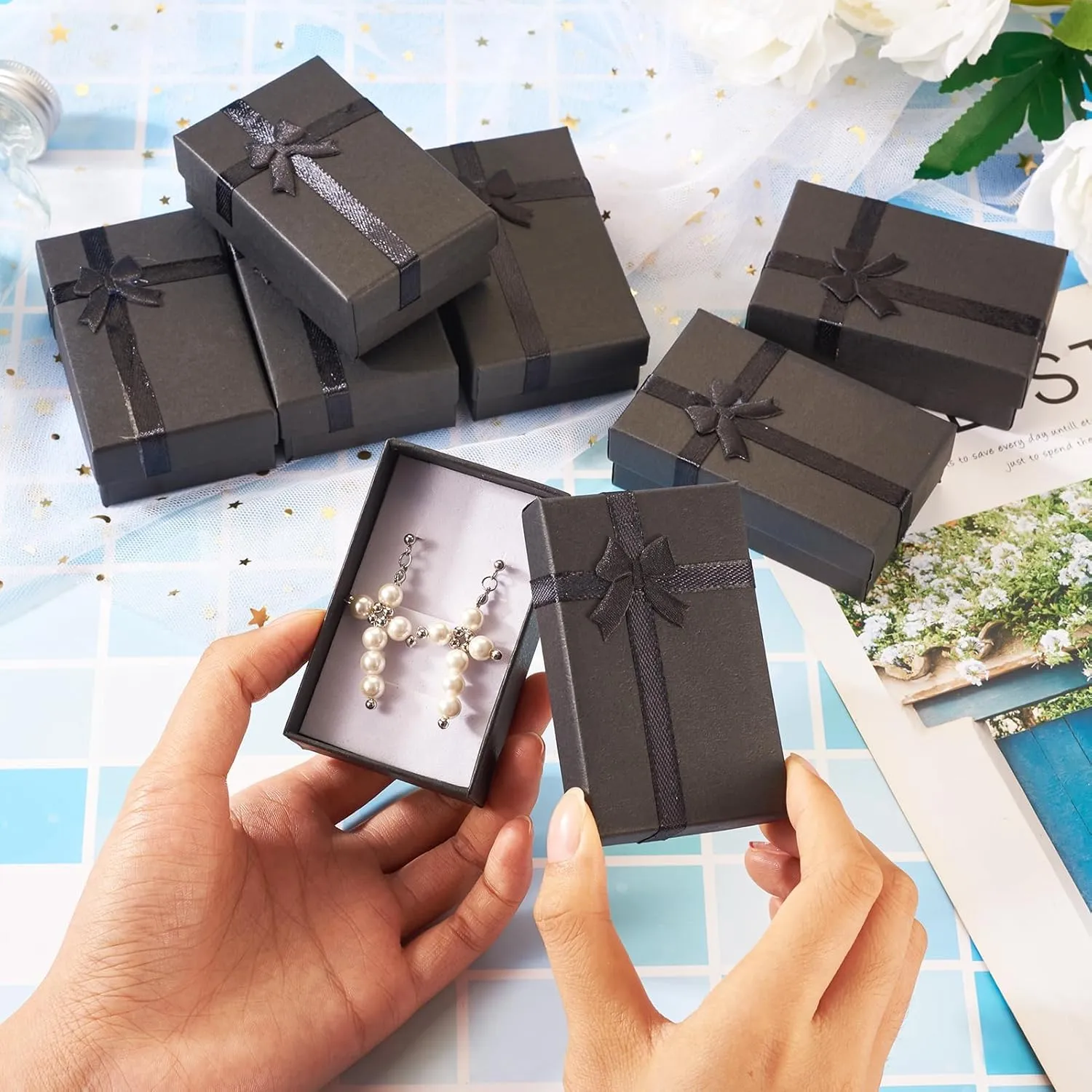 Craftdady 12pcs Jewelry Gift Boxes Black Necklace Earring Ring Pendants Empty Jewelry Boxes Small Paper Gift Boxes With Lids Bowknot for Christmas Jewelry Display Holder Organizer