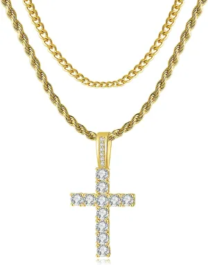 Cross Chain for Men 14K Gold Silver Plated Solid Iced Out 5A  Cubic Zirconia Stainless Steel Cuban Link rope Layered Chains 16-24 Inch Large Cross Diamond Pendant Nceklace Jewelry Gifts