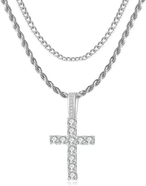 Cross Chain for Men 14K Gold Silver Plated Solid Iced Out 5A  Cubic Zirconia Stainless Steel Cuban Link rope Layered Chains 16-24 Inch Large Cross Diamond Pendant Nceklace Jewelry Gifts