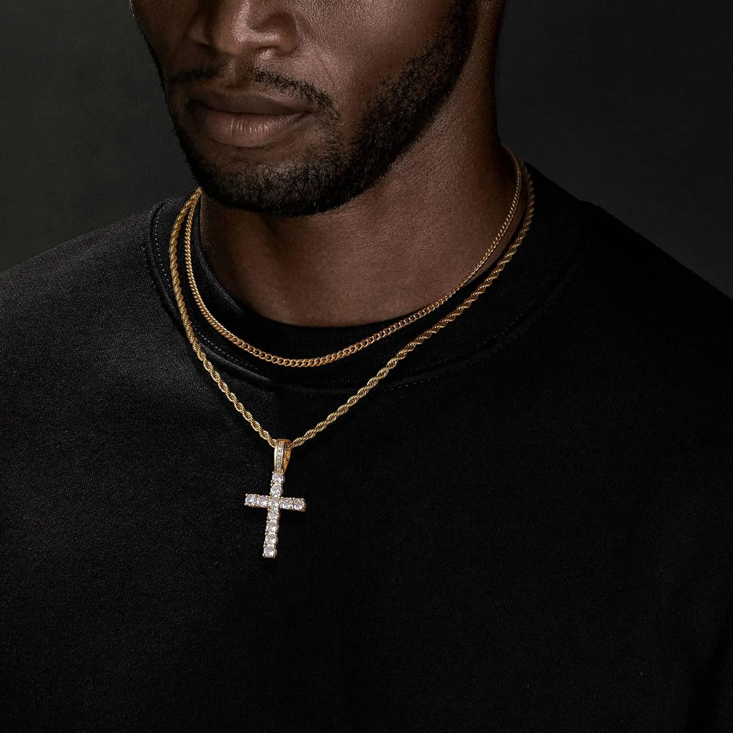 Cross Chain for Men 14K Gold Silver Plated Solid Iced Out 5A  Cubic Zirconia Stainless Steel Cuban Link rope Layered Chains 16-24 Inch Large Cross Diamond Pendant Nceklace Jewelry Gifts