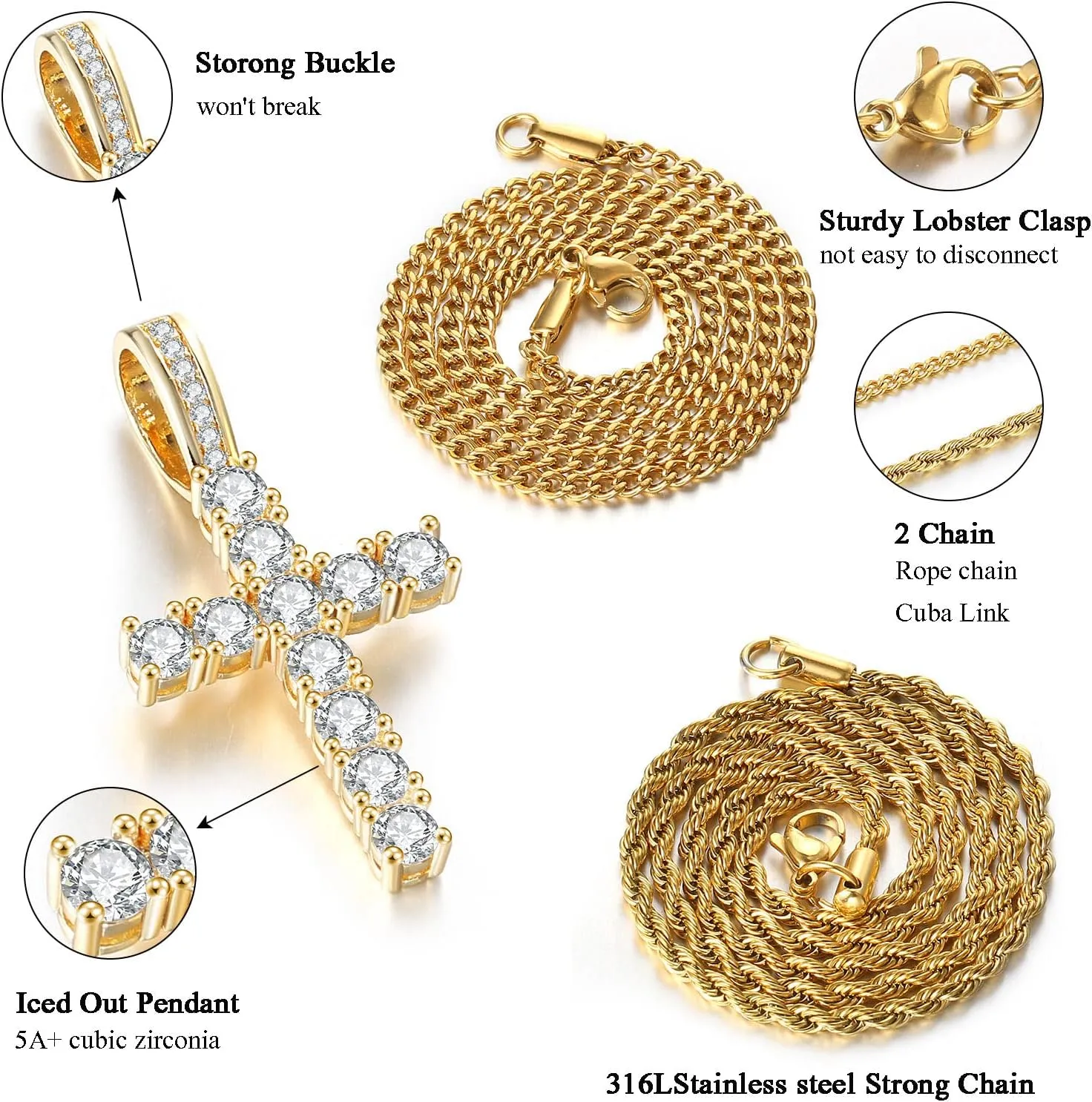Cross Chain for Men 14K Gold Silver Plated Solid Iced Out 5A  Cubic Zirconia Stainless Steel Cuban Link rope Layered Chains 16-24 Inch Large Cross Diamond Pendant Nceklace Jewelry Gifts