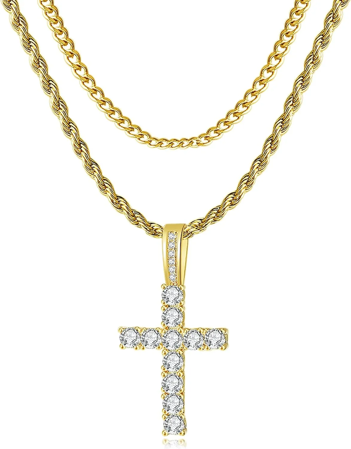 Cross Chain for Men 14K Gold Silver Plated Solid Iced Out 5A  Cubic Zirconia Stainless Steel Cuban Link rope Layered Chains 16-24 Inch Large Cross Diamond Pendant Nceklace Jewelry Gifts