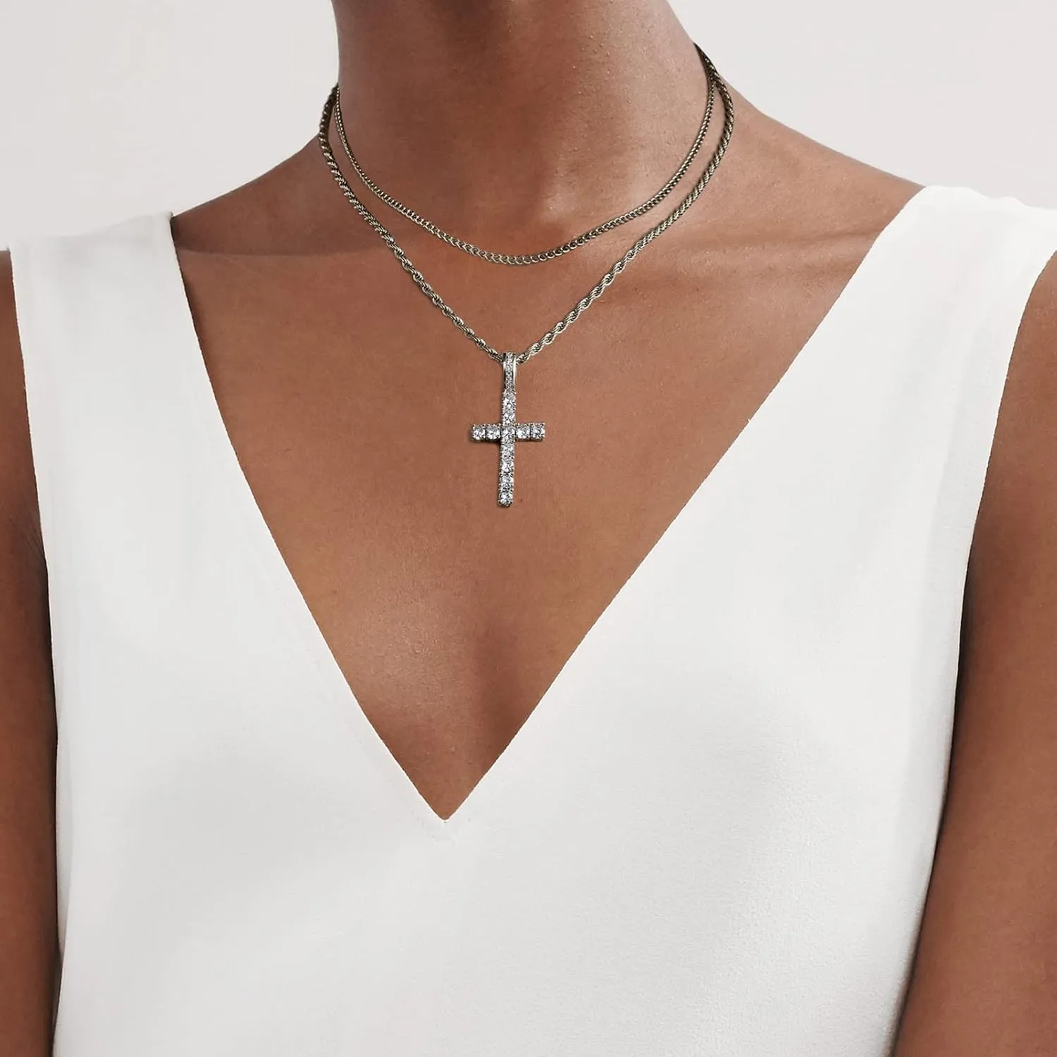 Cross Chain for Men 14K Gold Silver Plated Solid Iced Out 5A  Cubic Zirconia Stainless Steel Cuban Link rope Layered Chains 16-24 Inch Large Cross Diamond Pendant Nceklace Jewelry Gifts