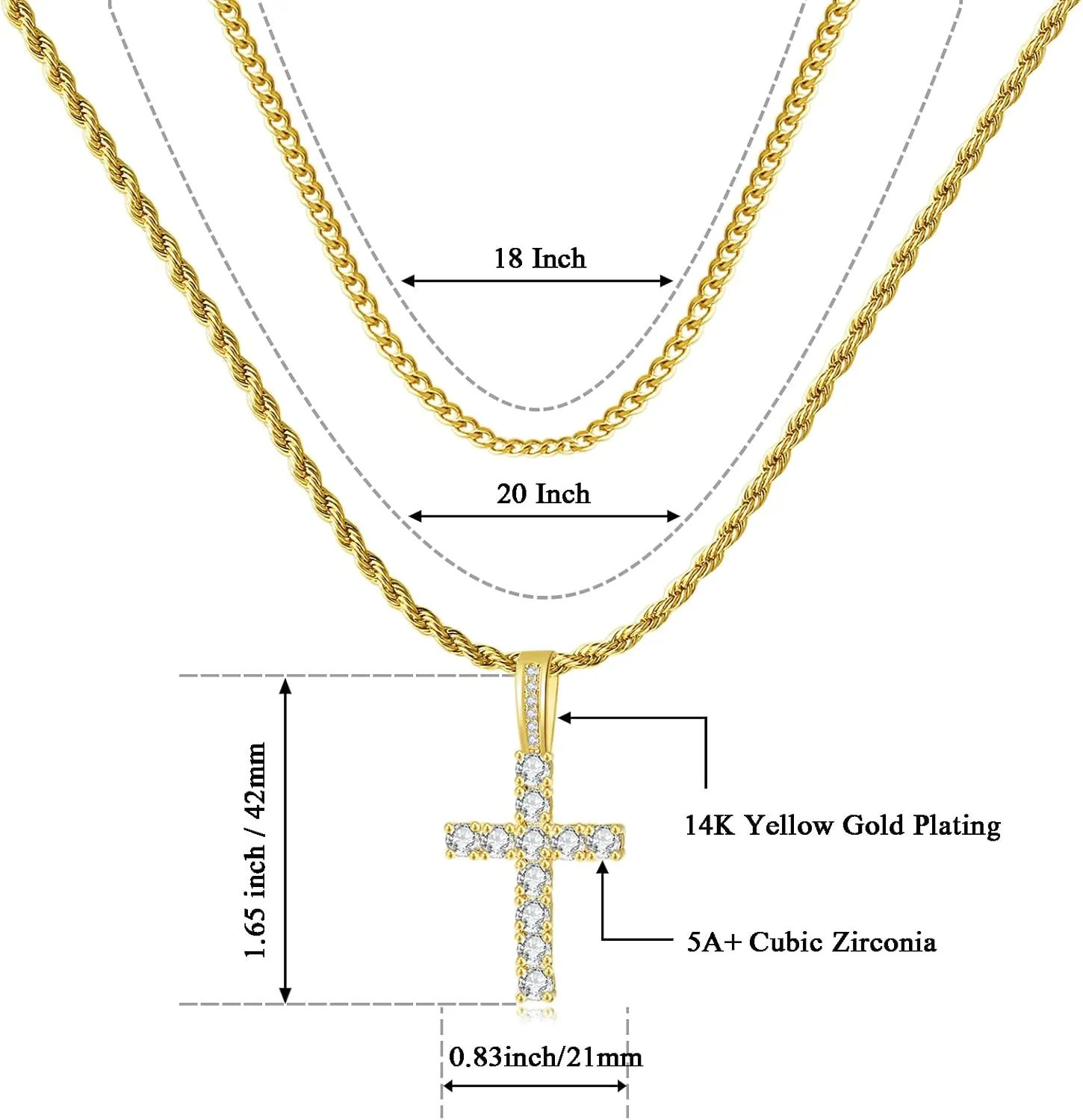 Cross Chain for Men 14K Gold Silver Plated Solid Iced Out 5A  Cubic Zirconia Stainless Steel Cuban Link rope Layered Chains 16-24 Inch Large Cross Diamond Pendant Nceklace Jewelry Gifts