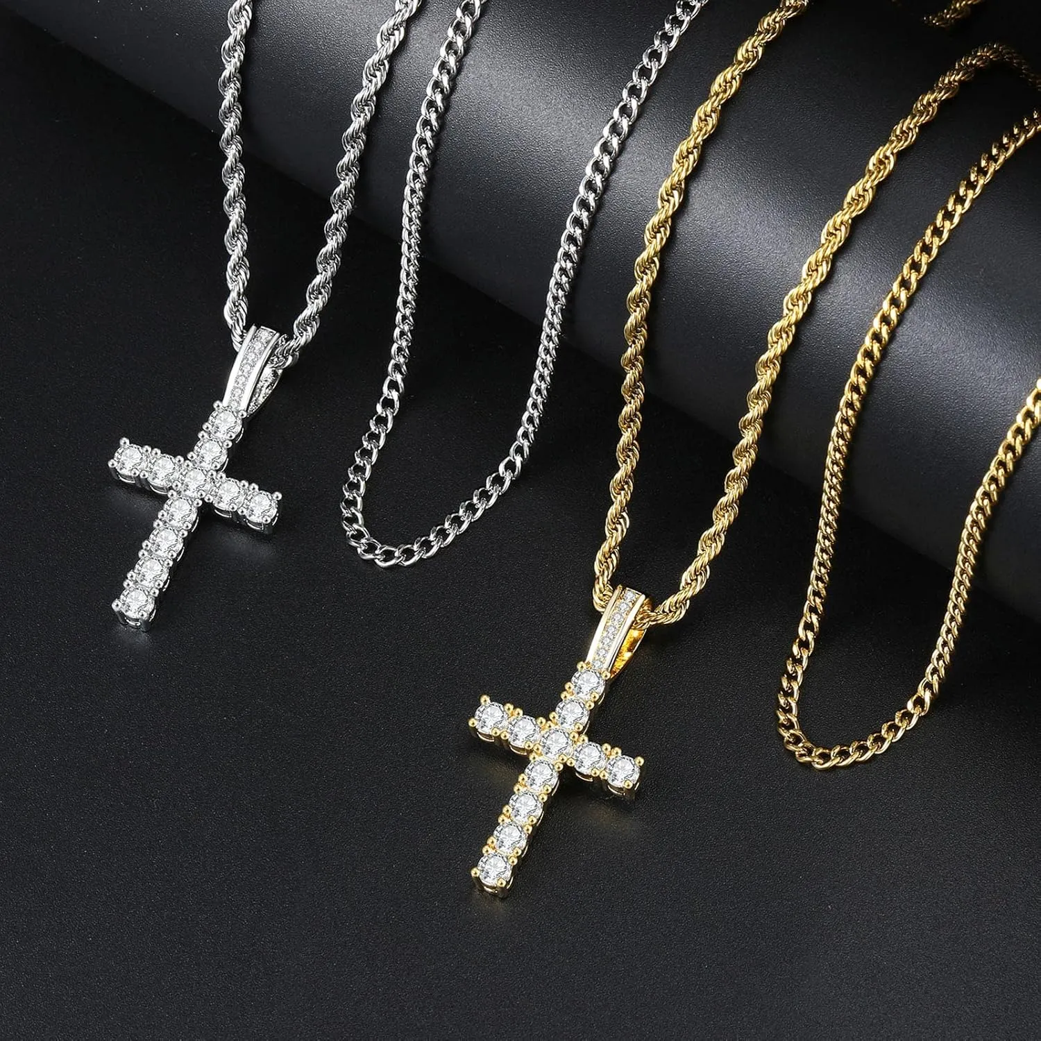 Cross Chain for Men 14K Gold Silver Plated Solid Iced Out 5A  Cubic Zirconia Stainless Steel Cuban Link rope Layered Chains 16-24 Inch Large Cross Diamond Pendant Nceklace Jewelry Gifts