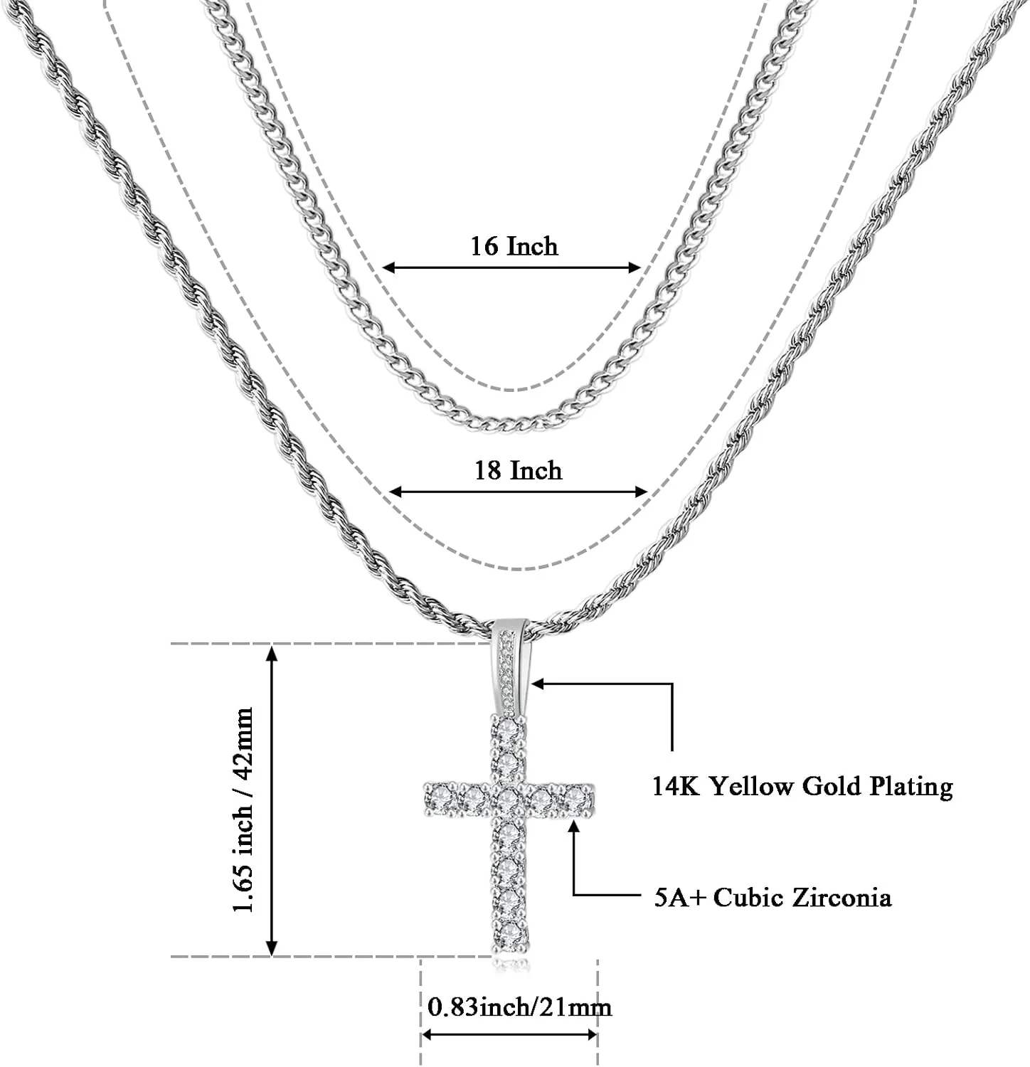 Cross Chain for Men 14K Gold Silver Plated Solid Iced Out 5A  Cubic Zirconia Stainless Steel Cuban Link rope Layered Chains 16-24 Inch Large Cross Diamond Pendant Nceklace Jewelry Gifts