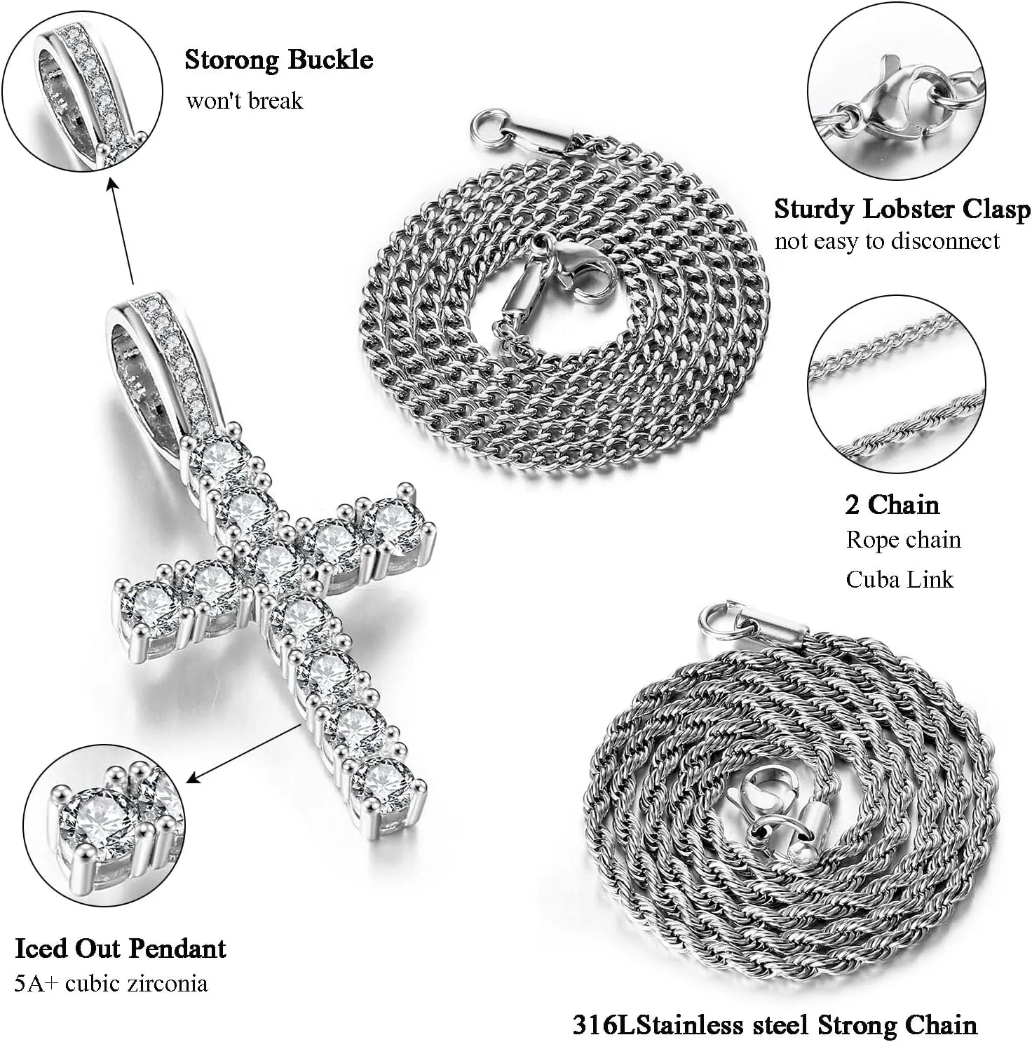 Cross Chain for Men 14K Gold Silver Plated Solid Iced Out 5A  Cubic Zirconia Stainless Steel Cuban Link rope Layered Chains 16-24 Inch Large Cross Diamond Pendant Nceklace Jewelry Gifts