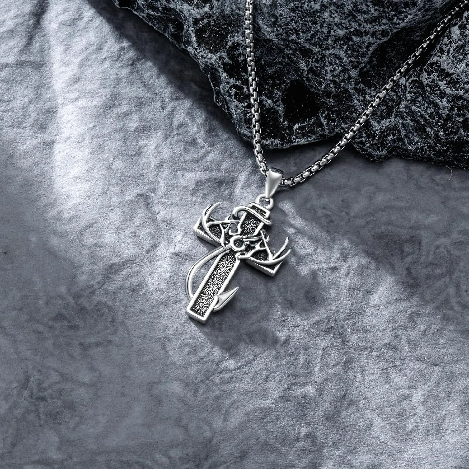 Cross Necklace for Men - 925 Sterling Silver Cross Deer Antler Fish Hook Pendant - Hunting Jewelry Gifts 22 2