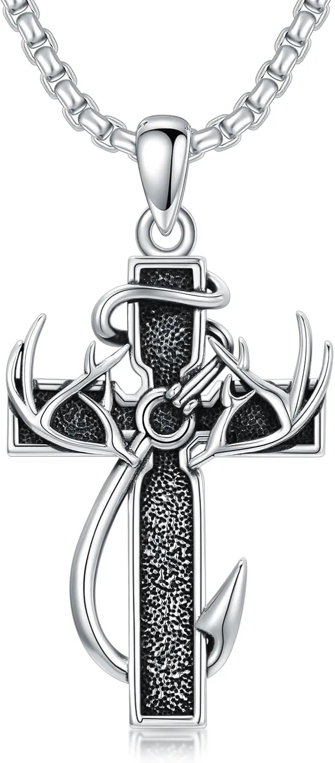 Cross Necklace for Men - 925 Sterling Silver Cross Deer Antler Fish Hook Pendant - Hunting Jewelry Gifts 22 2