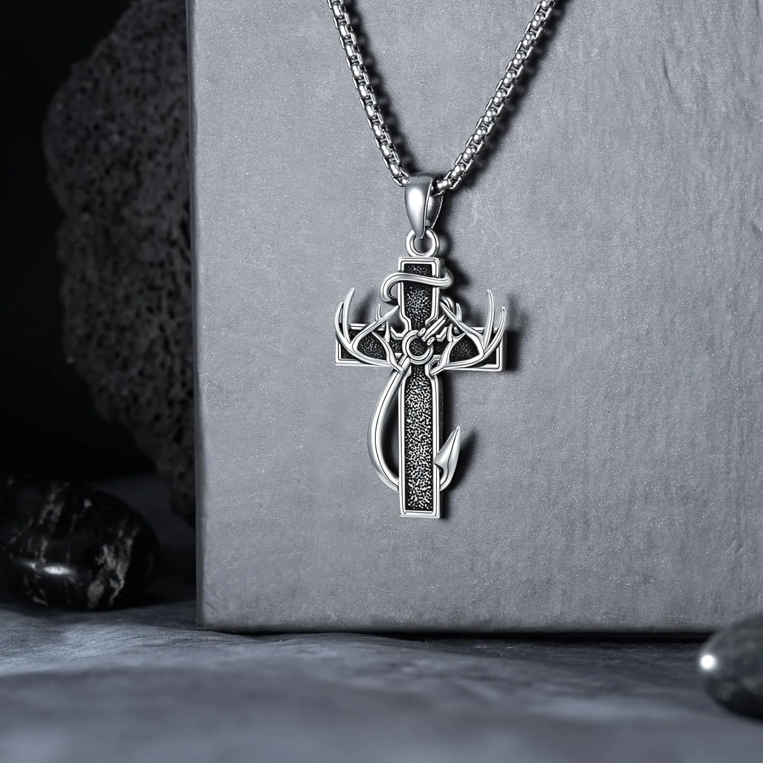 Cross Necklace for Men - 925 Sterling Silver Cross Deer Antler Fish Hook Pendant - Hunting Jewelry Gifts 22 2