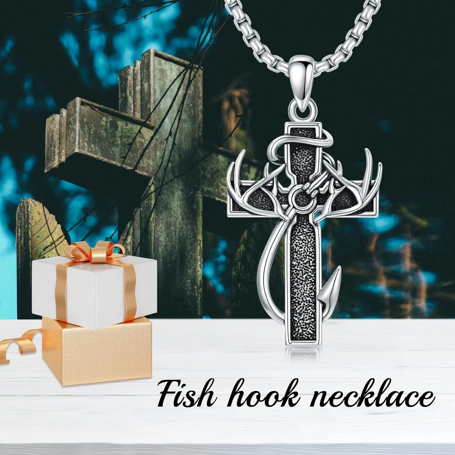 Cross Necklace for Men - 925 Sterling Silver Cross Deer Antler Fish Hook Pendant - Hunting Jewelry Gifts 22 2
