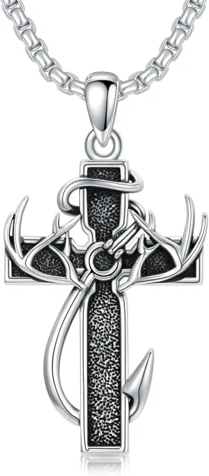 Cross Necklace for Men - 925 Sterling Silver Cross Deer Antler Fish Hook Pendant - Hunting Jewelry Gifts 22 2