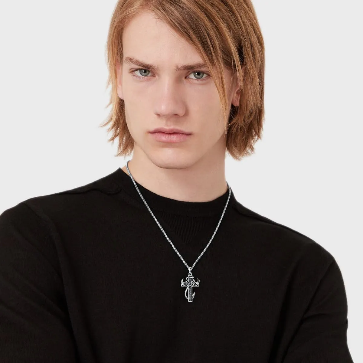 Cross Necklace for Men - 925 Sterling Silver Cross Deer Antler Fish Hook Pendant - Hunting Jewelry Gifts 22 2