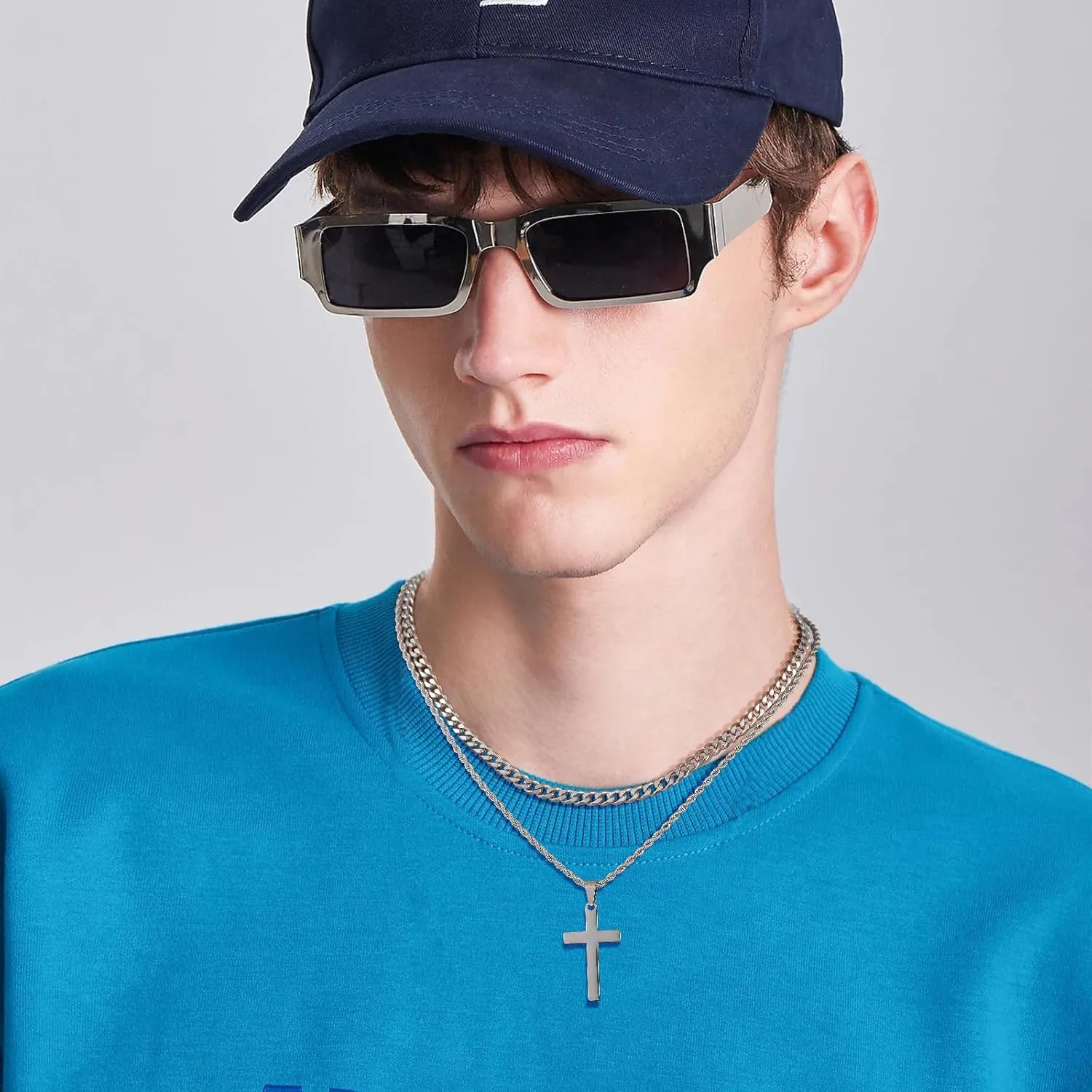 Cross Necklace for Men, Silver Black Gold Stainless Steel Plain Cross Pendant Necklace for Men Box Chain