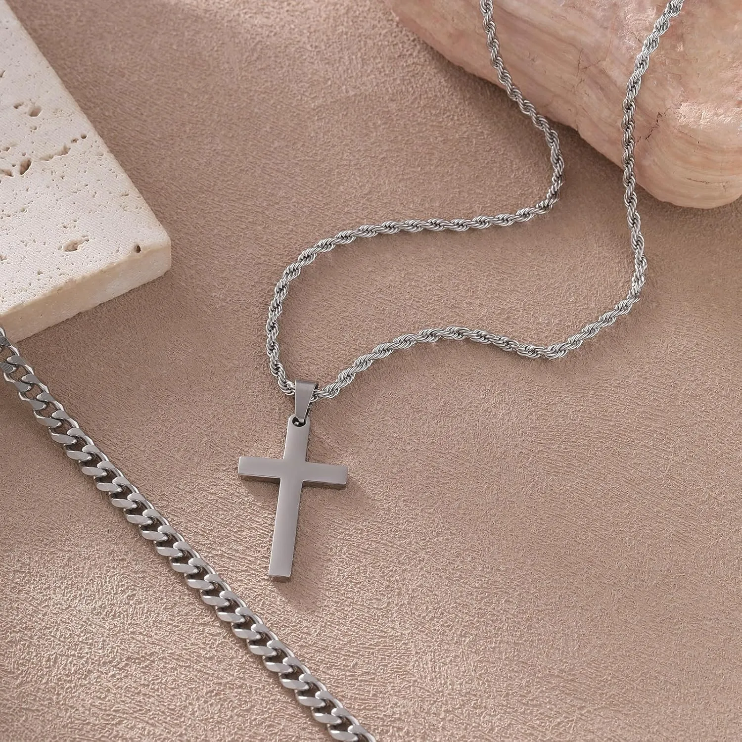 Cross Necklace for Men, Silver Black Gold Stainless Steel Plain Cross Pendant Necklace for Men Box Chain