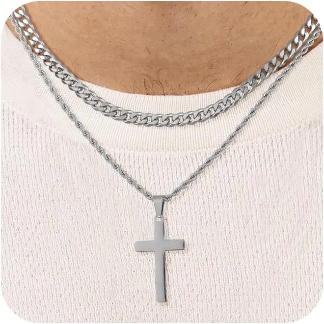 Cross Necklace for Men, Silver Black Gold Stainless Steel Plain Cross Pendant Necklace for Men Box Chain