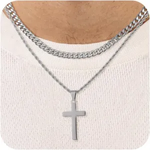 Cross Necklace for Men, Silver Black Gold Stainless Steel Plain Cross Pendant Necklace for Men Box Chain