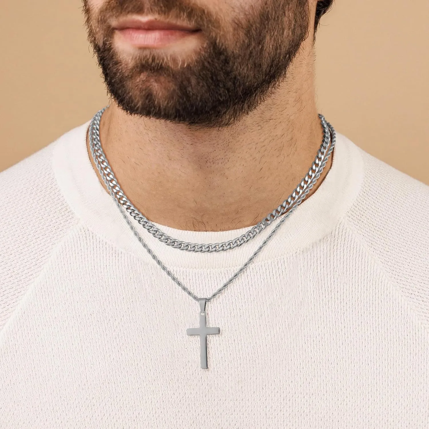 Cross Necklace for Men, Silver Black Gold Stainless Steel Plain Cross Pendant Necklace for Men Box Chain