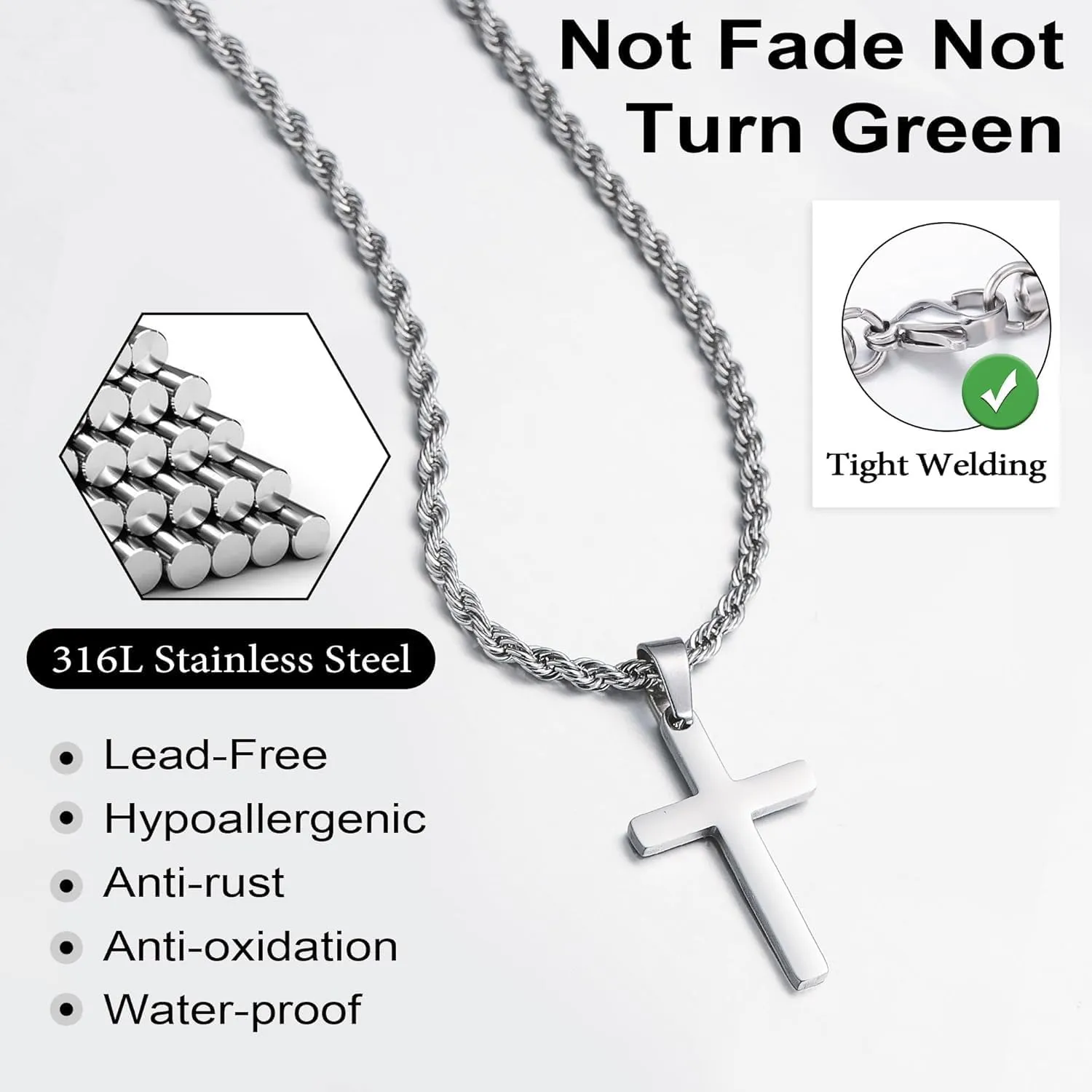 Cross Necklace for Men, Silver Black Gold Stainless Steel Plain Cross Pendant Necklace for Men Box Chain