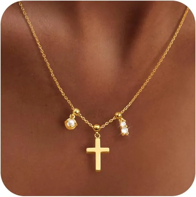 Cross Necklace for Women - 14K Gold Plated Cross Necklace Gold Necklace for Women Trendy Cross Pendant Choker Necklace Dainty Adjustable Cross Charm Chain Necklace Jewelry for Women