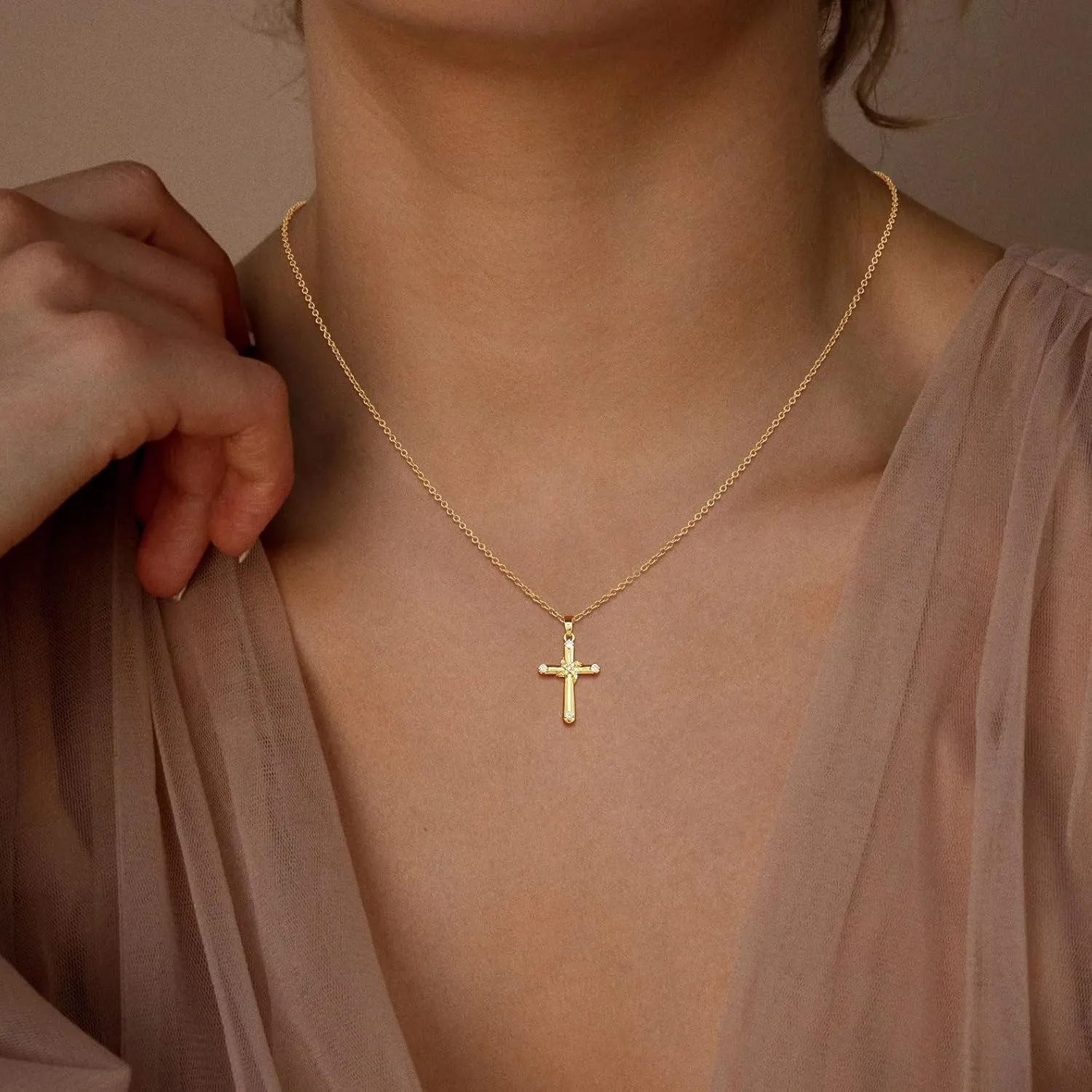 Cross Necklace for Women 14K Gold/Sterling Silver Plated Cubic Zirconia Pendant Necklaces, Cute Dainty Trendy Accessories Gifts for Women