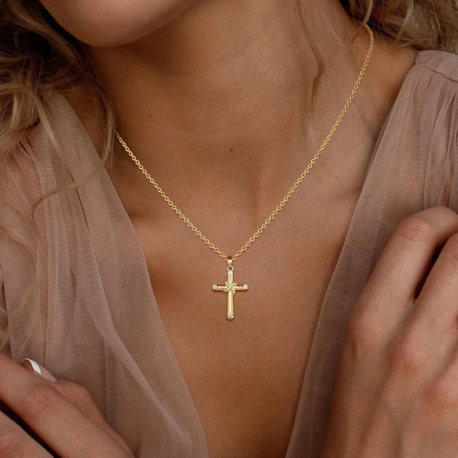 Cross Necklace for Women 14K Gold/Sterling Silver Plated Cubic Zirconia Pendant Necklaces, Cute Dainty Trendy Accessories Gifts for Women