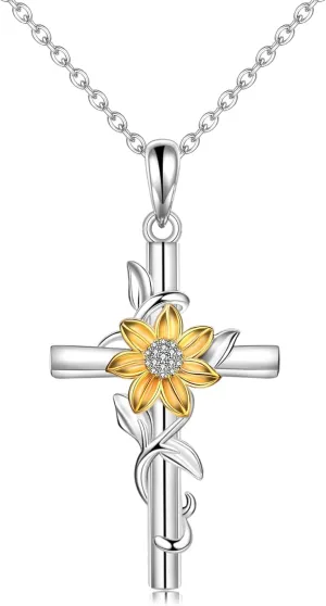 Cross Necklace for Women Sunflower Cross Necklace 925 Sterling Silver Dainty Sunshine Pendant for Women Mom Sunflower Gifts for Women