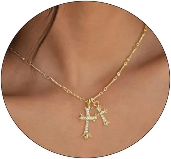 Cross Necklace Silver or 14K Gold Plated Double Cross Pendant Necklace Dainty Trendy Diamond Cross Charm Link Chain Choker Delicate Faith Jewelry Religious Gifts for Women Teen Girls