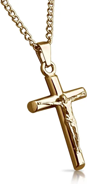 Crucifix Pendant with Chain Necklace - 14K Gold Plated Stainless Steel - 30MM or 40MM Cross