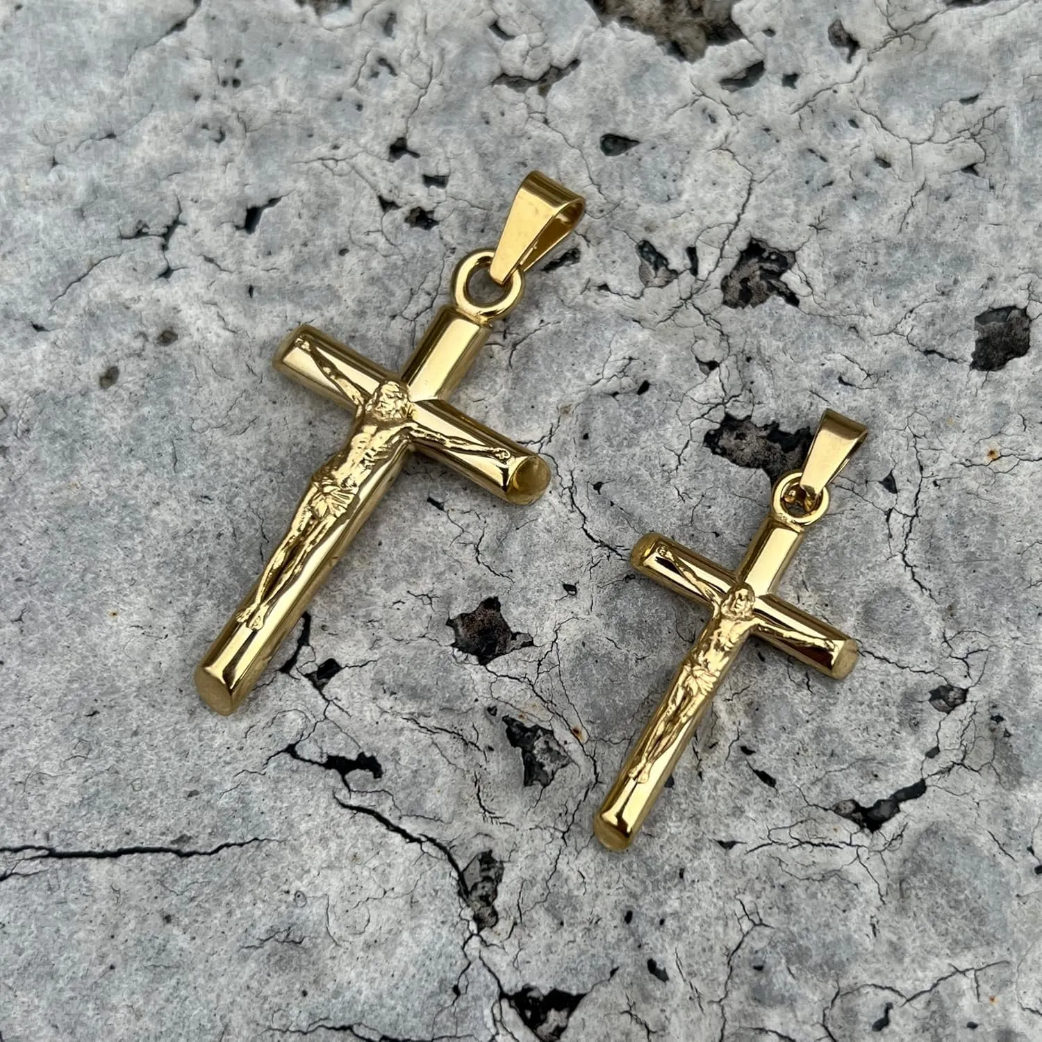 Crucifix Pendant with Chain Necklace - 14K Gold Plated Stainless Steel - 30MM or 40MM Cross
