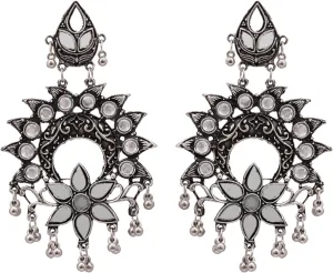 CrunchyFashion Boho Vintage Antique Ethnic Gypsy Tribal Indian Oxidized Silver Jewelry Long Mirror Earrings Set For Women||Gifts for her, wife