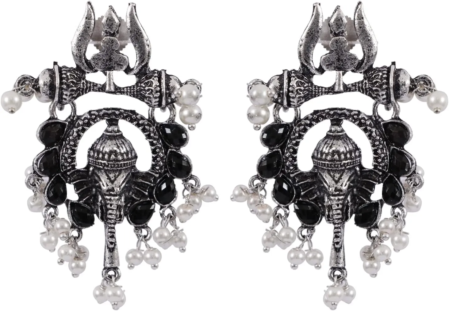 CrunchyFashion Boho Vintage Indian Oxidized Silver Jewelry Black Crystal Studded Long Ganpati/Ganesha Dangle Earrings Set For Women||Gifts for her, wife