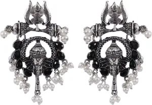 CrunchyFashion Boho Vintage Indian Oxidized Silver Jewelry Black Crystal Studded Long Ganpati/Ganesha Dangle Earrings Set For Women||Gifts for her, wife