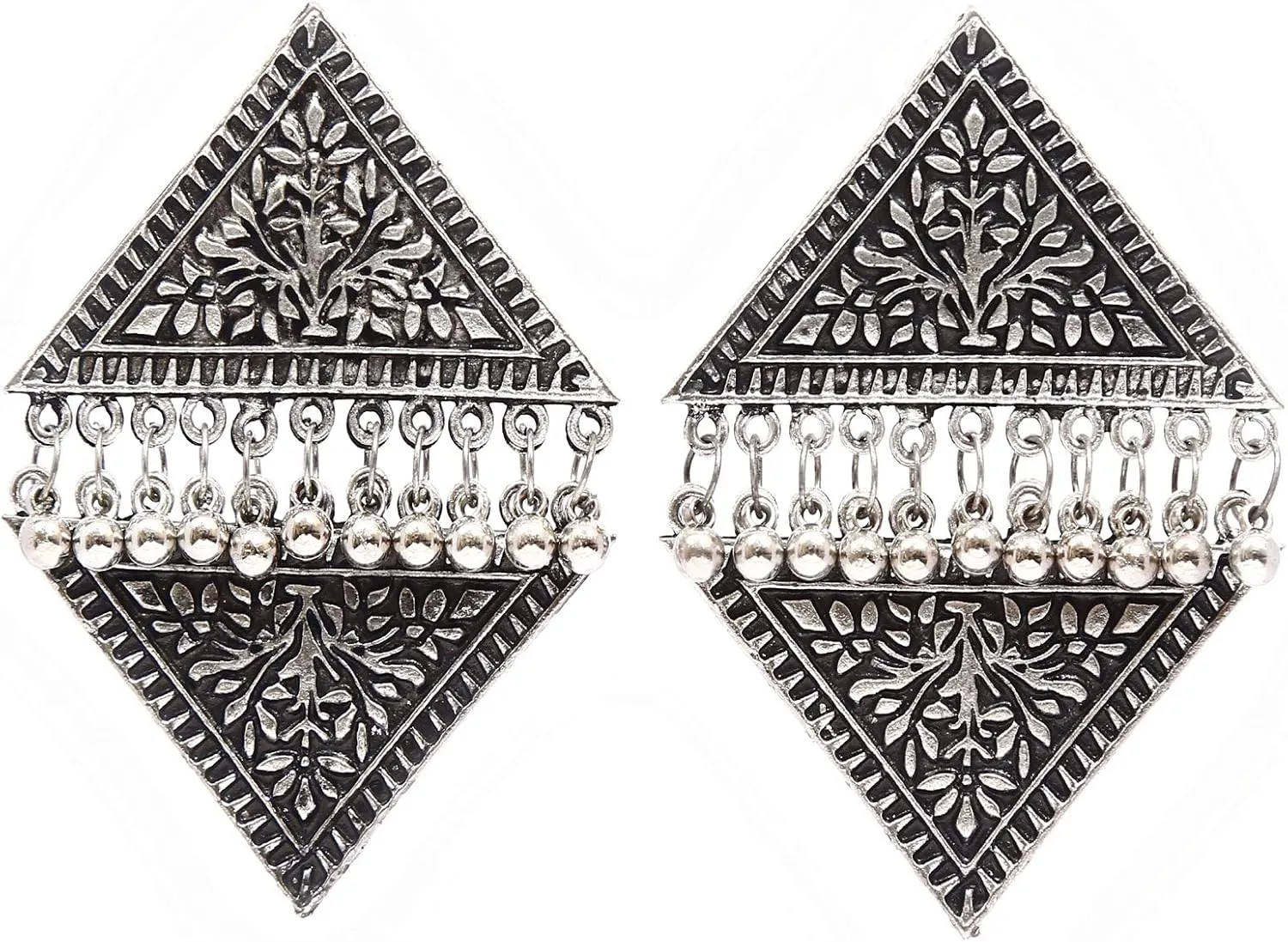 CrunchyFashion Indian Bollywood Traditional Jewelry Boho Vintage Antique Ethnic Gypsy Tribal Indian Oxidized Silver Jewelry Long Mirror Earrings Set For Women (Style-21)