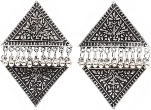 CrunchyFashion Indian Bollywood Traditional Jewelry Boho Vintage Antique Ethnic Gypsy Tribal Indian Oxidized Silver Jewelry Long Mirror Earrings Set For Women (Style-21)