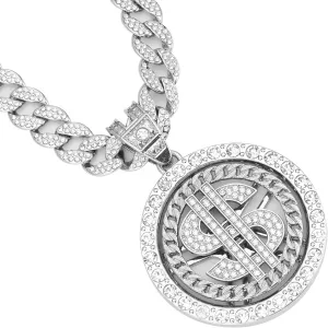 Cuban chain fake necklace 18K gold-plated hip-hop necklace circular US dollar logo rotatable pendant, Men's and Women's Necklace
